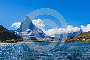 Beautiful mountainous landscape with the Matterhorn peak in Valais region, Switzerland