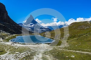 Beautiful mountainous landscape with the Matterhorn peak in Valais region, Switzerland