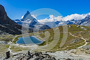 Beautiful mountainous landscape with the Matterhorn peak in Valais region, Switzerland