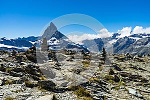 Beautiful mountainous landscape with the Matterhorn peak in Valais region, Switzerland