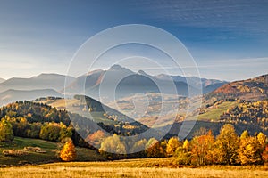 Beautiful mountainous rural landscape in autumn morning