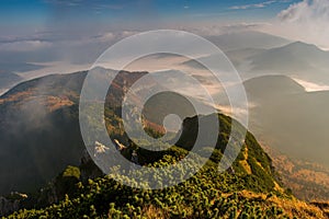 Beautiful mountainous rural landscape in autumn morning.