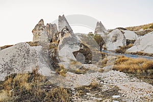 Beautiful mountains and beautiful valley in Goreme, Cappadocia in Turkey.