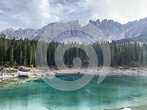 Beautiful Mountains with a blue lake Karersee in north Italy