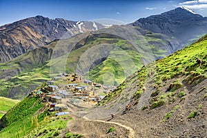 Azerbaijan village and mountains with snow