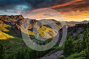 Beautiful mountains on the island of Gran Canaria in Spain at sunset