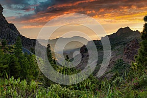 Beautiful mountains on the island of Gran Canaria in Spain at sunset