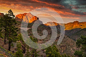 Beautiful mountains on the island of Gran Canaria in Spain at sunset