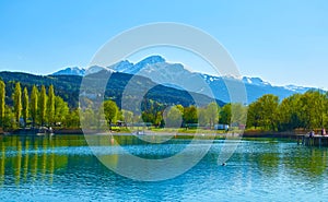 Beautiful Mountains and a lake in autumn.  Baggersee Badesee Rossau, Innsbruck, Austria