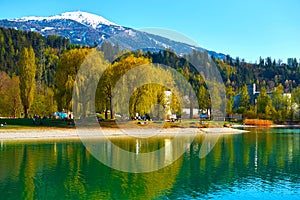 Beautiful Mountains and a lake in autumn.  Baggersee Badesee Rossau, Innsbruck, Austria