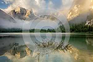 Beautiful Mountains Lake at the misty morning, nature landscape