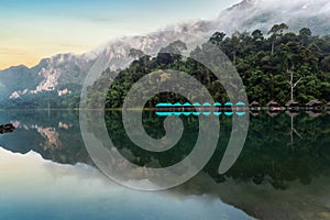 Beautiful mountains lake river sky and natural attractions in Ratchaprapha Dam at Khao Sok National Park