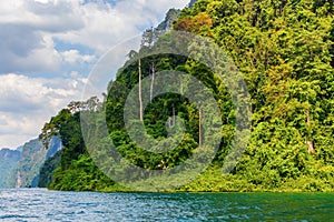 Beautiful mountains lake river sky and natural attractions in Ratchaprapha Dam at Khao Sok National Park, Surat Thani Province, Th