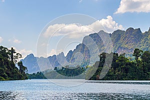 Beautiful mountains lake river sky and natural attractions in Ratchaprapha Dam at Khao Sok National Park, Surat Thani Province, Th