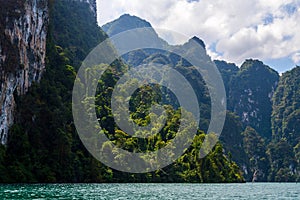 Beautiful mountains lake river sky and natural attractions in Ratchaprapha Dam at Khao Sok National Park, Surat Thani Province, Th