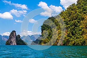 Beautiful mountains lake river sky and natural attractions in Ratchaprapha Dam at Khao Sok National Park, Surat Thani Province, Th