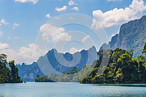 Beautiful mountains lake river sky and natural attractions in Ratchaprapha Dam at Khao Sok National Park, Surat Thani Province, Th