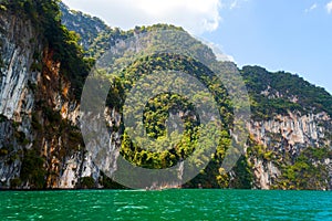 Beautiful mountains lake river sky and natural attractions in Ratchaprapha Dam at Khao Sok National Park, Surat Thani Province, Th