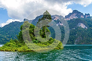 Beautiful mountains lake river sky and natural attractions in Ratchaprapha Dam at Khao Sok National Park, Surat Thani Province, Th