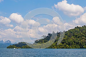 Beautiful mountains lake river sky and natural attractions in Ratchaprapha Dam at Khao Sok National Park, Surat Thani Province, Th