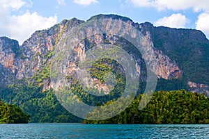 Beautiful mountains lake river sky and natural attractions in Ratchaprapha Dam at Khao Sok National Park, Surat Thani Province, Th