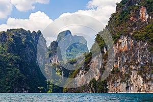 Beautiful mountains lake river sky and natural attractions in Ratchaprapha Dam at Khao Sok National Park, Surat Thani Province, Th