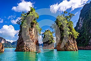 Beautiful mountains in Ratchaprapha Dam at Khao Sok National Park, Surat Thani Province, Thailand.