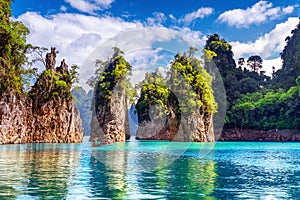 Beautiful mountains in Ratchaprapha Dam at Khao Sok National Park, Surat Thani Province, Thailand.