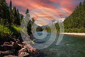 Beautiful mountains and rive landscape at Glacier National Park in Montana, USA