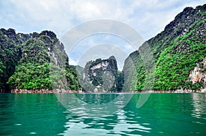 Beautiful mountains and river natural attractions in Ratchaprapha Dam at Khao Sok National Park, Surat Thani Province, Thailand