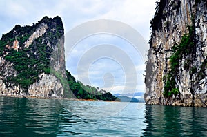 Beautiful mountains and river natural attractions in Ratchaprapha Dam at Khao Sok National Park, Surat Thani Province, Thailand