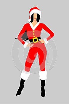 Beautiful Mrs. Santa Claus with black long hair in a red jumpsuit with white fur and black high heels. Christmas character