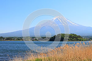 Beautiful Mt.Fuji mountain with clear blue sky from Lake Yamanakako