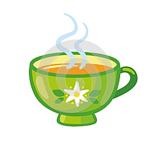 Beautiful mug with hot tea on a white background. Vector illustration with green mug