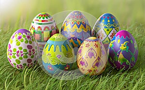Beautiful Multi-color Easter eggs in the garden, Easter day concept. Colorful easter eggs on green grass