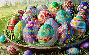 Beautiful Multi-color Easter eggs in the garden, Easter day concept. Colorful easter eggs on green grass