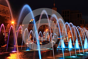 Beautiful multi-colored fountain in the city Dnepr at night (Dnepropetrovsk), Ukraine,