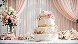 Beautiful multi-tiered wedding cake, flowers bridal dessert food