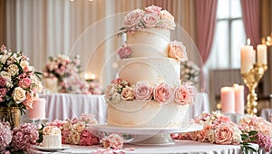 rose multi-tiered wedding cake, flowers bridal dessert food ceremony catering