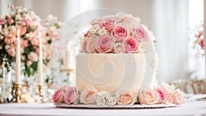 celebration multi-tiered pastry wedding cake, flowers bridal table elegant decoration setting