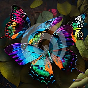 Beautiful multicolored butterfly on a background of green leaves