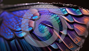 Beautiful multicolored butterfly wing close-up macro photo.