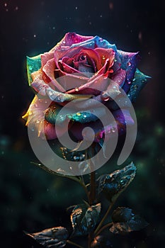 Beautiful multicolored rose with dew drops on a dark background. Generative AI