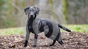 Beautiful muscular black labrador retriever dog standing outside in nature