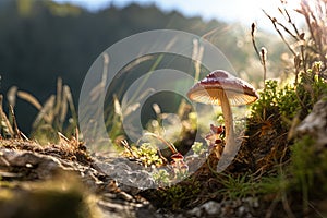 Beautiful mushroom on the sunny bump. Fairytale background with mystic mushroom.