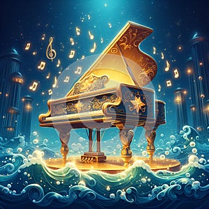 A beautiful music instrument of piano, in a whimsical deep sea, waves, flying notes arounds it, cartoon, disney style