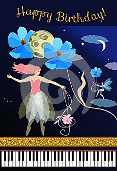 Beautiful musical card with a magical plot. Fairy with treble clef, elf with lyre, large blue flowers, moon, planet, stars, piano