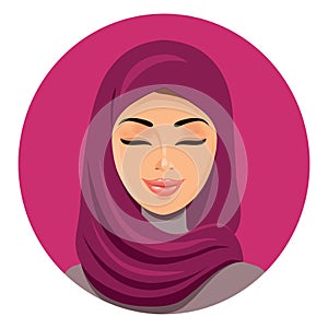 Beautiful muslim arab woman in hijab closing her eyes vector flat icon avatar. Beautiful face of arabic muslim woman. Portrait of