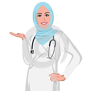 Beautiful Muslim Doctor Wearing Hijab. Flat Design Vector Illustration