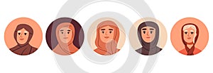 Beautiful muslim girls portraits, stunning Arabic women flat avatars. Fashionable women faces, cute ladies characters wearing